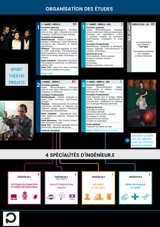 Sport
Théâtre
Projets
1
1ère
année - prépa S
Formation générale
Anglais, Allemand/Espagnol, Expression
écrite et orale, Sport, Découverte du métier
d’ingénieur, Conférences, Projet individuel
Formation Fondamentale
Mathématiques : Analyse et algèbre, Pro-
babilités et statistiques, Culture Numérique,
Architecture des ordinateurs et internet,
Algorithmique
Physique : Mécanique appliquée, du point,
du solide indéformable, Thermodynamique,
Électromagnétisme, Structure de la matière,
Électricité et filtrage passif, Électronique nu-
mérique
Génie Industriel : Organisation industrielle,
Technologies de construction, de fabrication,
Initiation CAO
Génie Civil : Génie Civil, Dessin technique
du bâtiment, Transferts thermiques
Stage 1 mois
prépa STI2D - IUT
Les enseignements
sont intégrés à
l’IUT GEII
Des modules spécifiques
sont enseignés
à l’Ecole d’Ingénieurs
1
&
2
1ère
année - prépa S - bio
Formation générale
Anglais, Allemand/Espagnol, Expression
écrite et orale, Sport, Sciences économiques,
Sociologie des organisations, Culture
et actualités, Initiation aux précautions
expérimentales, Investigation du projet
étudiant
Formation Fondamentale
Mathématiques, Probabilités et statistiques,
Physique appliquée, Thermodynamique et
cinétique, Informatique
Sciences de la vie
Chimie générale, Chimie organique
Biologie et biochimie cellulaire
Physiologie
Microbiologie
Biologie et génétique moléculaire
1
organisation des études
Ingénieur.e
Génie Biologique
et Santé
Ingénieur.e
Bâtiment
et Sécurité
Ingénieur.e
Génie Industriel
Qualité Innovation
Fiabilité
Ingénieur.e
Systèmes Automatisés
et Génie Informatique
4 spécialités d’ingénieur.e
2e
année - prépa S
Formation générale
Anglais, Allemand/Espagnol, Expression
écrite et orale, Sport, Découverte du métier
d’ingénieur.e, Conférences
Formation Fondamentale
Mathématiques : Algèbre, Traitement du
signal, Calcul numérique, Algorithmique,
Langage C
Physique : Dimensionnement de systèmes
mécaniques, Propriétés et résistance des
matériaux, Optique, Capteurs, Electronique
et filtrage actif, Electrotechnique
Génie Industriel : Automatismes indus-
triels, Gestion de production, Processus de
conception
Génie Mécanique : CAO, Cotation fonction-
nelle, Estimations et tests
Génie Civil : Thermique appliquée, Sécurité
bâtimentaire, Mécanique des poutres
Projet de conception
2
2e
année - prépa S - bio
Formation générale
Anglais, Allemand/Espagnol, Théâtre,
Communication et relations humaines,
Sémiologie de l’image
Formation Fondamentale
Outils physiques pour la biologie, Algèbre
linéaire, Bioinformatique, Algorithmique et
programmation, Modélisation et statistique
pour la biologie, Mécanique des fluides
Sciences de la vie
Hydrologie et pollution
Immunologie générale
Biologie et communication cellulaire
Bio-analyses et contrôle
Physicochimie des colloïdes
Procédés de conservation
Projet appliqué
Préparation et analyse de stage
Stage 1 mois Découverte des métiers
2
Responsable formation : Sébastien Lagrange – sebastien.lagrange@univ-angers.fr
Scolarité : scolarite-cycleprepa.istia@contact.univ-angers.fr
Tel : 02 44 68 75 00
Orientation possible
vers une spécialité
d’une des 14 écoles
du réseau Polytech
 