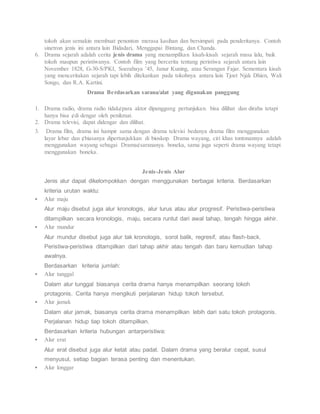 tokoh akan semakin membuat penonton merasa kasihan dan bersimpati pada penderitanya. Contoh
sinetron jenis ini antara lain Bidadari, Menggapai Bintang, dan Chanda.
6. Drama sejarah adalah cerita jenis drama yang menampilkan kisah-kisah sejarah masa lalu, baik
tokoh maupun peristiwanya. Contoh film yang bercerita tentang peristiwa sejarah antara lain
November 1828, G-30-S/PKI, Soerabaya ’45, Janur Kuning, atau Serangan Fajar. Sementara kisah
yang menceritakan sejarah tapi lebih ditekankan pada tokohnya antara lain Tjoet Njak Dhien, Wali
Songo, dan R.A. Kartini.
Drama Berdasarkan sarana/alat yang digunakan panggung
1. Drama radio, drama radio tidak¢para aktor dipanggung pertunjukan. bisa dilihat dan diraba tetapi
hanya bisa ¢di dengar oleh penikmat.
2. Drama televisi, dapat didengar dan dilihat.
3. Drama film, drama ini hampir sama dengan drama televisi bedanya drama film menggunakan
layar lebar dan ¢biasanya dipertunjukkan di bioskop. Drama wayang, ciri khas tontonannya adalah
menggunakan wayang sebagai Drama¢sarananya. boneka, sama juga seperti drama wayang tetapi
menggunakan boneka.
Jenis-Jenis Alur
Jenis alur dapat dikelompokkan dengan menggunakan berbagai kriteria. Berdasarkan
kriteria urutan waktu:
 Alur maju
Alur maju disebut juga alur kronologis, alur lurus atau alur progresif. Peristiwa-peristiwa
ditampilkan secara kronologis, maju, secara runtut dari awal tahap, tengah hingga akhir.
 Alur mundur
Alur mundur disebut juga alur tak kronologis, sorot balik, regresif, atau flash-back.
Peristiwa-peristiwa ditampilkan dari tahap akhir atau tengah dan baru kemudian tahap
awalnya.
Berdasarkan kriteria jumlah:
 Alur tunggal
Dalam alur tunggal biasanya cerita drama hanya menampilkan seorang tokoh
protagonis. Cerita hanya mengikuti perjalanan hidup tokoh tersebut.
 Alur jamak
Dalam alur jamak, biasanya cerita drama menampilkan lebih dari satu tokoh protagonis.
Perjalanan hidup tiap tokoh ditampilkan.
Berdasarkan kriteria hubungan antarperistiwa:
 Alur erat
Alur erat disebut juga alur ketat atau padat. Dalam drama yang beralur cepat, susul
menyusul, setiap bagian terasa penting dan menentukan.
 Alur longgar
 