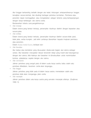 Alur longgar berbanding terbalik dengan alur ketat. Hubungan antarperistiwanya longgar,
tersajikan secara lambat, dan diselingi berbagai peristiwa tambahan. Pembaca atau
penonton dapat meninggalkan atau mengabaikan adegan tertentu yang berkepanjangan
dengan tanpa kehilangan alur utama cerita.
Berdasarkan kriteria cara pengakhirannya:
 Alur tertutup
Dalam drama yang beralur tertutup, penampilan kisahnya diakhiri dengan kepastian atau
secara jelas.
 Alur terbuka
Dalam drama yang beralur terbuka, penampilan kisahnya diakhiri secara tidak pasti,
tidak jelas, serba mungkin. Jadi akhir ceritanya diserahkan kepada imajinasi pembaca
atau penonton.
Dalam Kamus Istilah Sastra, terdapat alur:
 Alur bawahan
Alur kedua atau tambahan yang disusupkan disela-sela bagian alur utama sebagai
variasi. Alur bawahan merupakan lakuan tersendiri tetapi yang masih ada hubungannya
dengan alur utama. Ada kalanya alur bawahan ini dimaksudkan untuk menimbulkan
kontras, adakalanya sejalan dengan alur utama.
 Alur erat (ketat)
Jalinan peristiwa yang sangat padu di dalam suatu karya sastra, kalau salah satu
peristiwa ditiadakan, keutuhan cerita akan terganggu.
 Alur longgar
Jalinan peristiwa yang tidak padu di dalam karya sastra, meniadakan salah satu
peristiwa tidak akan menganggu jalan cerita.
 Alur menanjak
Jalinan peristiwa dalam satu karya sastra yang semakin menanjak sifatnya. (Sudjiman,
1990: 5)
 