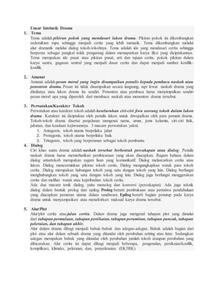Unsur Intrinsik Drama
1. Tema
Tema adalah pikiran pokok yang mendasari lakon drama. Pikiran pokok ini dikembangkan
sedemikian rupa sehingga menjadi cerita yang lebih menarik. Tema dikembangkan melalui
alur dramatik melalui dialog tokoh-tokohnya. Tema adalah ide yang mendasari cerita sehingga
berperan sebagai pangkal tolak pengarang dalam memaparkan karya fiksi yang diciptakannya.
Tema merupakan ide pusat atau pikiran pusat, arti dan tujuan cerita, pokok pikiran dalam
karya sastra, gagasan sentral yang menjadi dasar cerita dan dapat menjadi sumber konflik-
konflik.
2. Amanat
Amanat adalah pesan moral yang ingin disampaikan penulis kepada pembaca naskah atau
penonton drama. Pesan ini tidak disampaikan secara langsung, tapi lewat naskah drama yang
ditulisnya atau lakon drama itu sendiri. Penonton atau pembaca harus menyimpulkan sendiri
pesan moral apa yang diperoleh dari membaca naskah atau menonton drama tersebut.
3. Perwatakan/Karakter Tokoh
Perwatakan atau karakter tokoh adalah keseluruhan ciri-ciri jiwa seorang tokoh dalam lakon
drama. Karakter ini diciptakan oleh penulis lakon untuk diwujudkan oleh para pemain drama.
Tokoh-tokoh drama disertai penjelasan mengenai nama, umur, jenis kelamin, ciri-ciri fisik,
jabatan, dan keadaan kejiwaannya. 3 macam perwatakan yakni:
1. Antagonis, tokoh utama berprilaku jahat
2. Protagonis, tokoh utama berprilaku baik
3. Tritagonis, tokoh yang berperanan sebagai tokoh pembantu
4. Dialog
Ciri khas suatu drama adalah naskah tersebut berbentuk percakapan atau dialog. Penulis
naskah drama harus memerhatikan pembicaraan yang akan diucapkan. Ragam bahasa dalam
dialog antartokoh merupakan ragam lisan yang komunikatif. Dialog melancarkan cerita atau
lakon. Dialog mencerminkan pikiran tokoh cerita. Dialog mengungkapkan watak para tokoh
cerita. Dialog merupakan hubungan tokoh yang satu dengan tokoh yang lain. Dialog berfungsi
menghubungkan tokoh yang satu dengan tokoh yang lain. Dialog juga berfungsi menggerakan
cerita dan melihat watak atau kepribadian tokoh cerita.
Ada dua macam tenik dialog, yaitu monolog dan konversi (percakapan). Ada juga teknik
dialog dalam bentuk prolog dan epilog. Prolog berarti pembukaan atau peristiwa pendahuluan
yang diucapkan pemeran utama dalam sandiwara. Epilog berarti bagian penutup pada karya
drama untuk menyampaikan atau menafsirkan maksud karya drama tersebut.
5. Alur/Plot
Alur/plot cerita atau jalan cerita. Dalam drama juga mengenal tahapan plot yang dimulai
dari tahapan permulaan, tahapan pertikaian, tahapan perumitan, tahapan puncak, tahapan
peleraian, dan tahapan akhir.
Alur dalam drama dibagi menjadi babak-babak dan adegan-adegan. Babak adalah bagian dari
plot atau alur dalam sebuah drama yang ditandai oleh perubahan setting atau latar. Sedangkan
adegan merupakan babak yang ditandai oleh perubahan jumlah tokoh ataupun perubahan yang
dibicarakan. Alur cerita ini dapat dibagi menjadi beberapa, pengenalan, pertikaian/konflik,
komplikasi, klimaks, peleraian, dan, penyelesaian. (EK3RK)
 