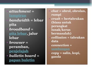 • attachment = 
lampiran 
• bandwidth = lebar 
pita 
• broadband = 
pita lebar, jalur 
lebar 
• browser = 
peramban, 
penjelajah 
• bulletin board = 
papan buletin 
• chat = obrol, obrolan, 
rumpi 
• crash = bertabrakan 
(biasa untuk 
perangkat 
lunak/keras 
bermasalah) 
• collission = tabrakan 
data 
• connection = 
sambungan 
• copy = salin, kopi, 
ganda 
 