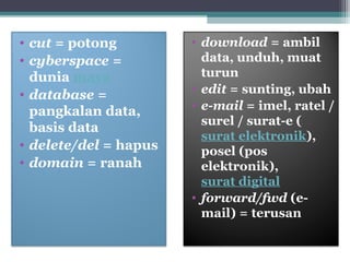 • cut = potong 
• cyberspace = 
dunia maya 
• database = 
pangkalan data, 
basis data 
• delete/del = hapus 
• domain = ranah 
• download = ambil 
data, unduh, muat 
turun 
• edit = sunting, ubah 
• e-mail = imel, ratel / 
surel / surat-e ( 
surat elektronik), 
posel (pos 
elektronik), 
surat digital 
• forward/fwd (e-mail) 
= terusan 
 