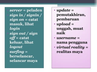 • server = peladen 
• sign in / signin / 
sign on = catat 
masuk, lihat 
login 
• sign out / sign 
off = catat 
keluar, lihat 
logout 
• surfing = 
berselancar, 
selancar maya 
• update = 
pemutakhiran, 
pembaruan 
• upload = 
unggah, muat 
naik 
• username = 
nama pengguna 
• virtual reality = 
realitas maya 
 