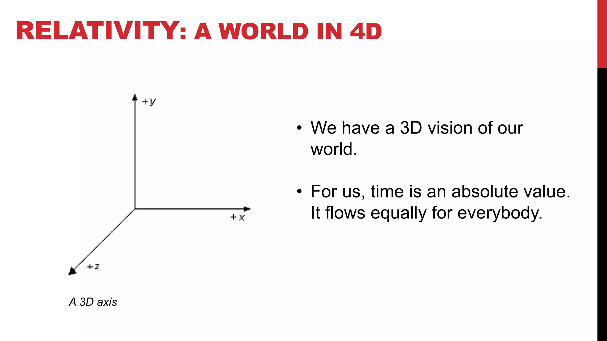 RELATIVITY: A WORLD IN 4D
• We have a 3D vision of our
world.
• For us, time is an absolute value.
It flows equally for everybody.
A 3D axis