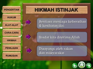 Disayangi oleh rakan dan masyarakat Ibadat kita diterima Allah Sentiasa menjaga kebersihan  & kesihatan diri HIKMAH ISTINJAK PENGERTIAN HUKUM ALAT-ALAT CARA-CARA HIKMAH PENILAIAN RUMUSAN 