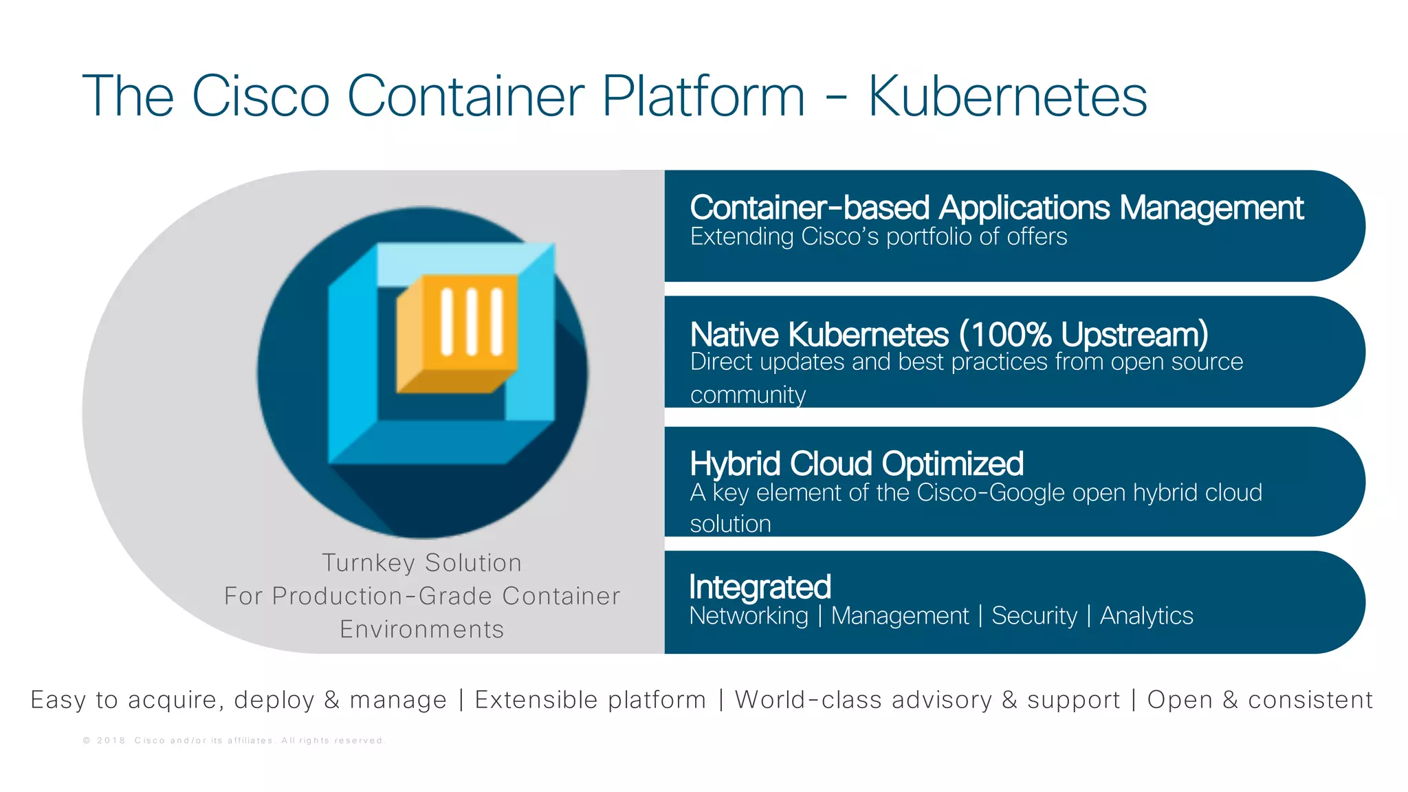 © 2 0 1 8 C is c o a n d / o r it s a f f ilia t e s . A ll r ig h t s r e s e r v e d .
Native Kubernetes (100% Upstream)
Direct updates and best practices from open source
community
Hybrid Cloud Optimized
A key element of the Cisco-Google open hybrid cloud
solution
Integrated
Networking | Management | Security | Analytics
Container-based Applications Management
Extending Cisco’s portfolio of offers
The Cisco Container Platform - Kubernetes
Turnkey Solution
For Production-Grade Container
Environments
Easy to acquire, deploy & manage | Extensible platform | World-class advisory & support | Open & consistent
 