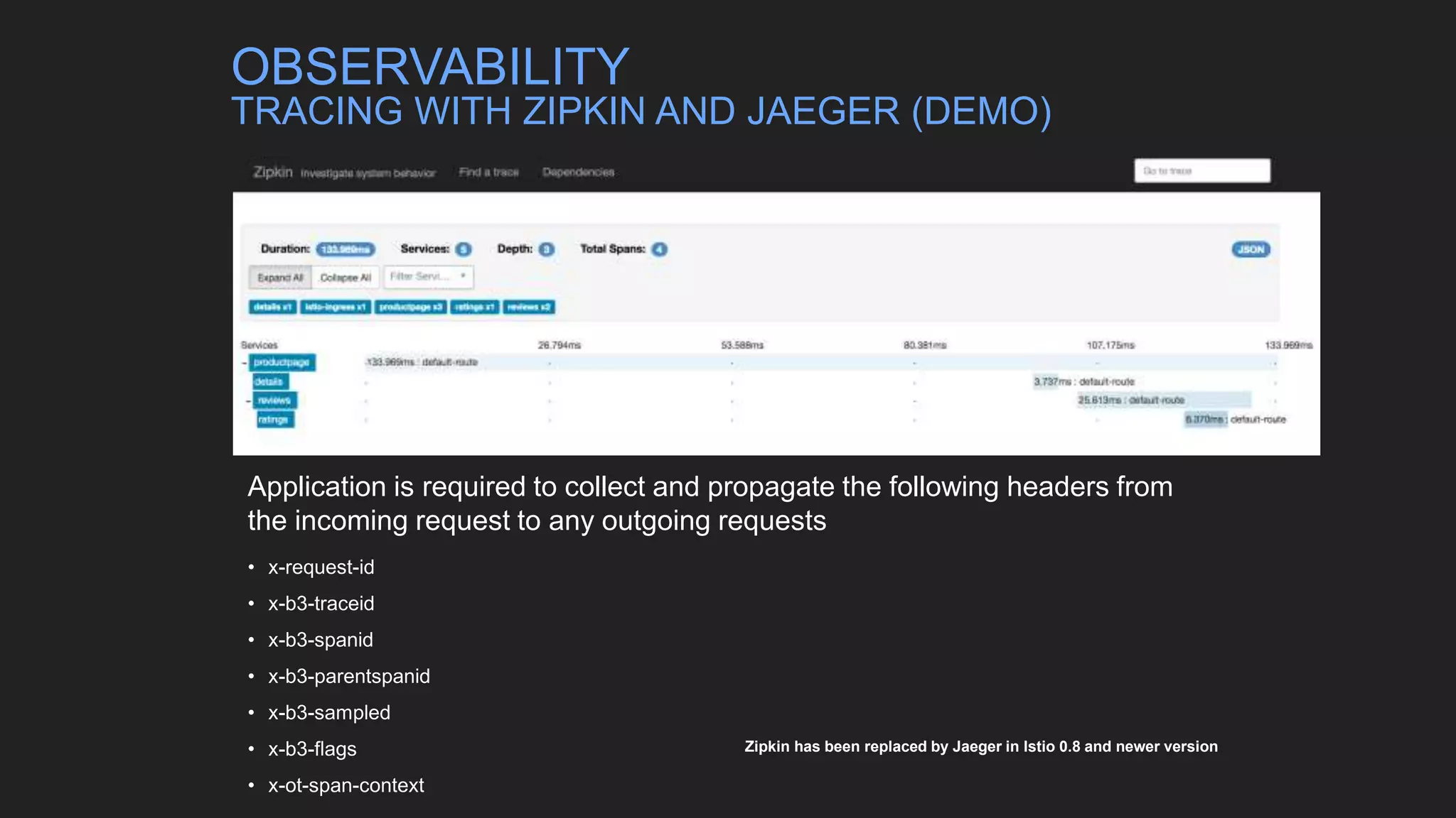 Zipkin has been replaced by Jaeger in Istio 0.8 and newer version
Application is required to collect and propagate the following headers from
the incoming request to any outgoing requests
• x-request-id
• x-b3-traceid
• x-b3-spanid
• x-b3-parentspanid
• x-b3-sampled
• x-b3-flags
• x-ot-span-context
OBSERVABILITY
TRACING WITH ZIPKIN AND JAEGER (DEMO)
 