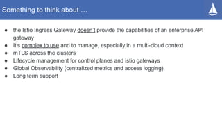 ● the Istio Ingress Gateway doesn’t provide the capabilities of an enterprise API
gateway
● It’s complex to use and to manage, especially in a multi-cloud context
● mTLS across the clusters
● Lifecycle management for control planes and istio gateways
● Global Observability (centralized metrics and access logging)
● Long term support
Something to think about …
 