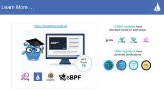 Learn More …
10,000+ students have
attended hands-on workshops
1,800+ engineers have
achieved certifications
NPS
Score
75
https://academy.solo.io
 