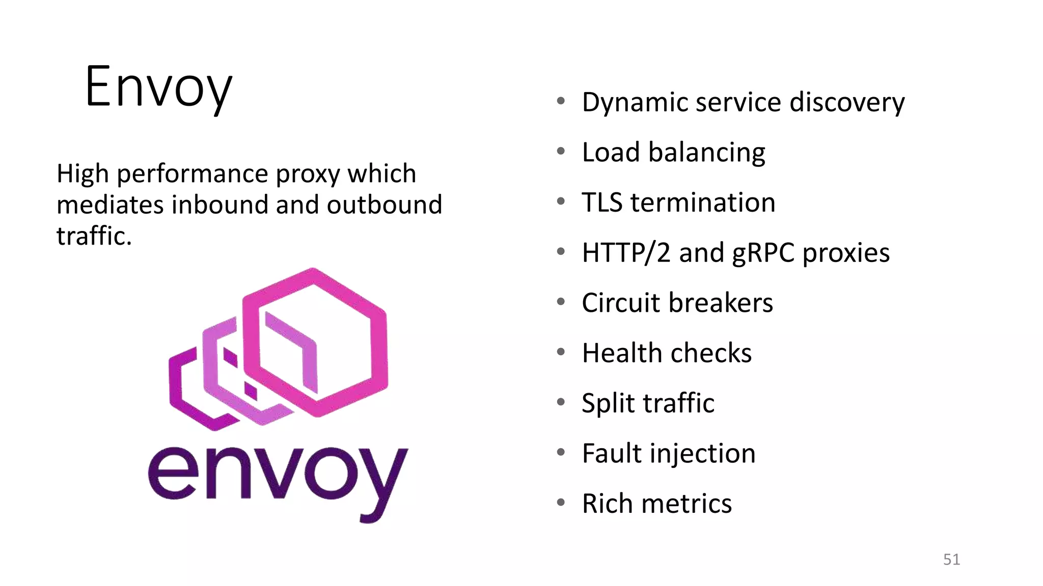 Envoy
High performance proxy which
mediates inbound and outbound
traffic.
51
• Dynamic service discovery
• Load balancing
• TLS termination
• HTTP/2 and gRPC proxies
• Circuit breakers
• Health checks
• Split traffic
• Fault injection
• Rich metrics
 