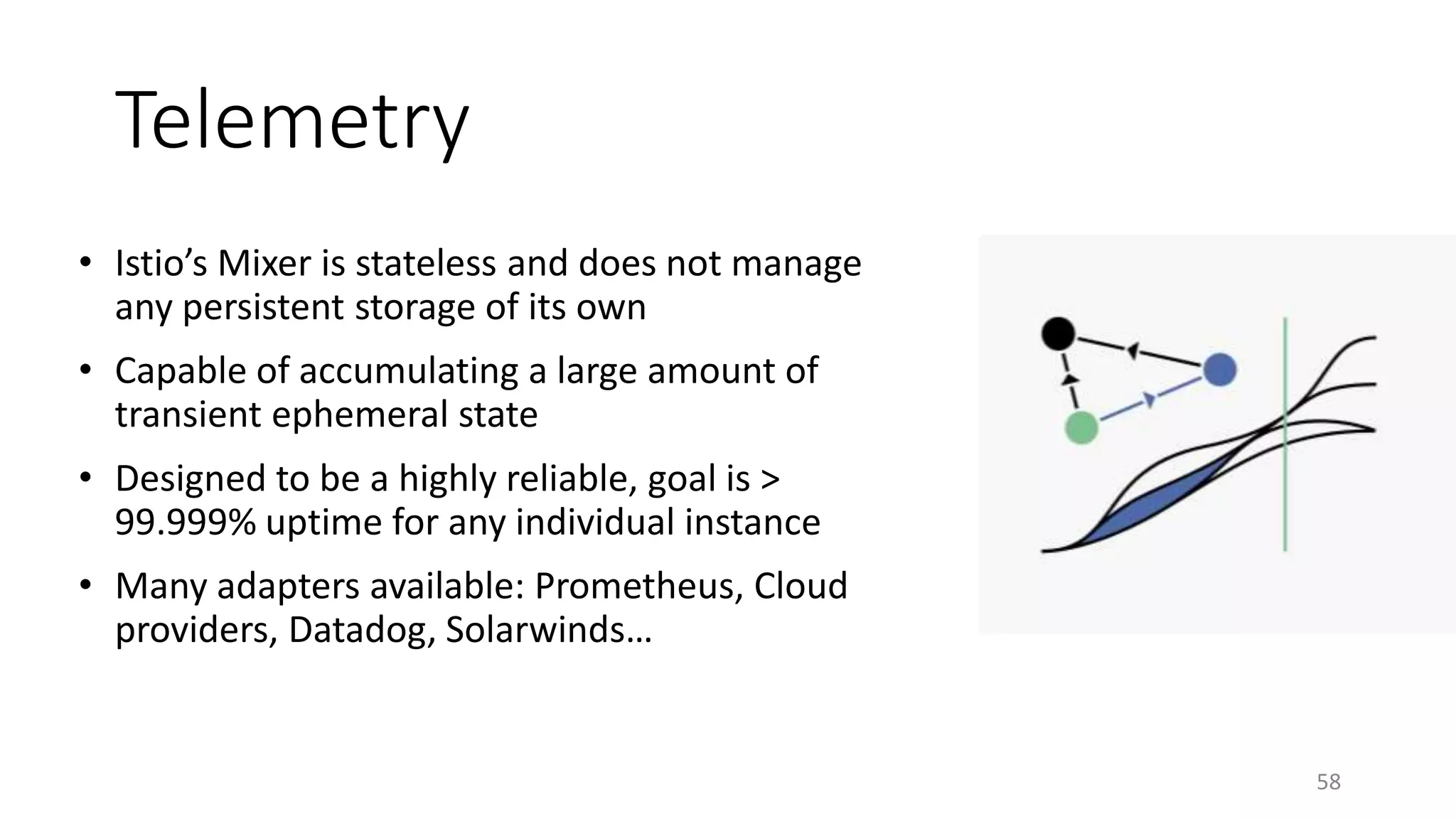 Telemetry
• Istio’s Mixer is stateless and does not manage
any persistent storage of its own
• Capable of accumulating a large amount of
transient ephemeral state
• Designed to be a highly reliable, goal is >
99.999% uptime for any individual instance
• Many adapters available: Prometheus, Cloud
providers, Datadog, Solarwinds…
58
 