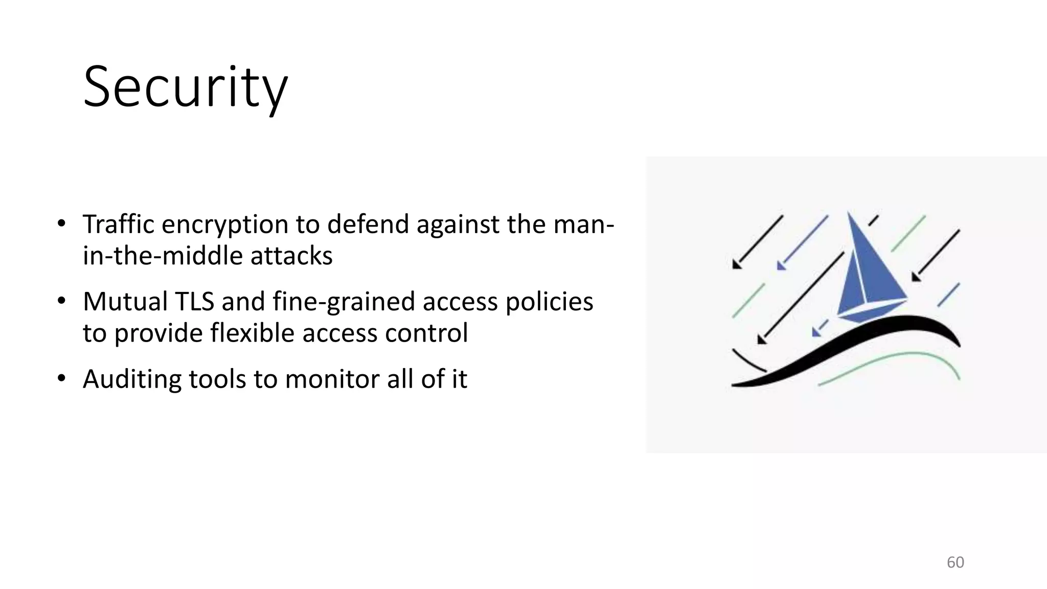 Security
• Traffic encryption to defend against the man-
in-the-middle attacks
• Mutual TLS and fine-grained access policies
to provide flexible access control
• Auditing tools to monitor all of it
60
 