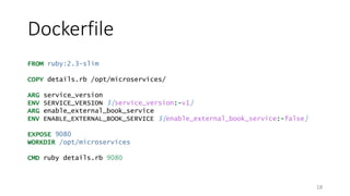 Dockerfile
18
FROM ruby:2.3-slim
COPY details.rb /opt/microservices/
ARG service_version
ENV SERVICE_VERSION ${service_version:-v1}
ARG enable_external_book_service
ENV ENABLE_EXTERNAL_BOOK_SERVICE ${enable_external_book_service:-false}
EXPOSE 9080
WORKDIR /opt/microservices
CMD ruby details.rb 9080
 