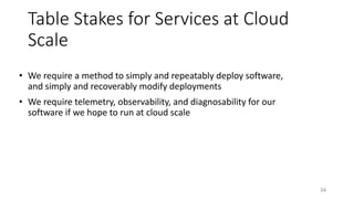 Table Stakes for Services at Cloud
Scale
• We require a method to simply and repeatably deploy software,
and simply and recoverably modify deployments
• We require telemetry, observability, and diagnosability for our
software if we hope to run at cloud scale
34
 