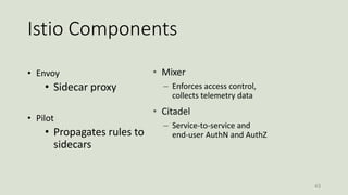 Istio Components
• Envoy
• Sidecar proxy
• Pilot
• Propagates rules to
sidecars
43
• Mixer
– Enforces access control,
collects telemetry data
• Citadel
– Service-to-service and
end-user AuthN and AuthZ
 