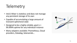 Telemetry
• Istio’s Mixer is stateless and does not manage
any persistent storage of its own
• Capable of accumulating a large amount of
transient ephemeral state
• Designed to be a highly reliable, goal is >
99.999% uptime for any individual instance
• Many adapters available: Prometheus, Cloud
providers, Datadog, Solarwinds…
58
 