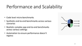 Performance and Scalability
• Code level micro-benchmarks
• Synthetic end-to-end benchmarks across various
scenarios
• Realistic complex app end-to-end benchmarks
across various settings
• Automation to ensure performance doesn’t
regress
59
 