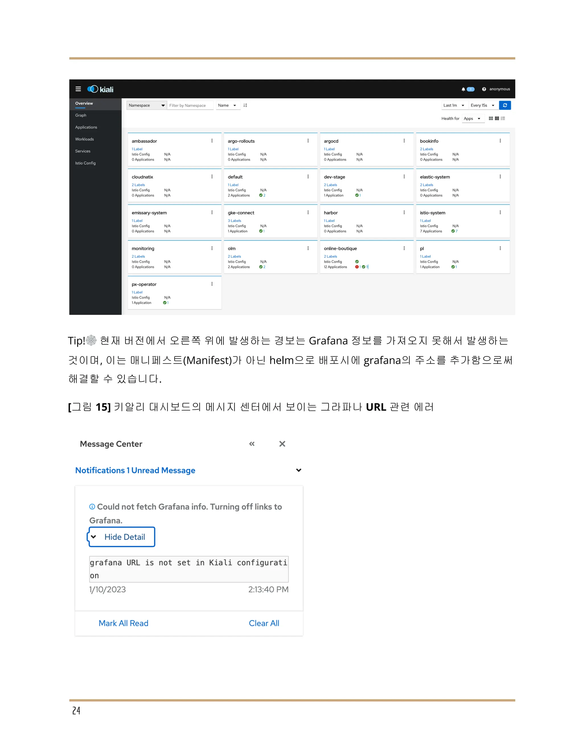 Tip!☸ 현재 버전에서 오른쪽 위에 발생하는 경보는 Grafana 정보를 가져오지 못해서 발생하는
것이며, 이는 매니페스트(Manifest)가 아닌 helm으로 배포시에 grafana의 주소를 추가함으로써
해결할 수 있습니다.
[그림 15] 키알리 대시보드의 메시지 센터에서 보이는 그라파나 URL 관련 에러
24
 