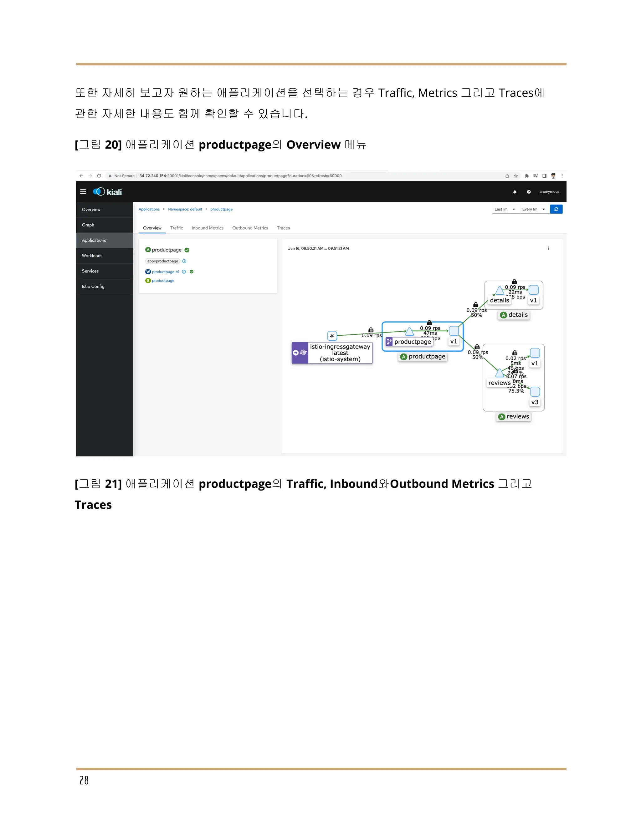 또한 자세히 보고자 원하는 애플리케이션을 선택하는 경우 Traffic, Metrics 그리고 Traces에
관한 자세한 내용도 함께 확인할 수 있습니다.
[그림 20] 애플리케이션 productpage의 Overview 메뉴
[그림 21] 애플리케이션 productpage의 Traffic, Inbound와Outbound Metrics 그리고
Traces
28
 