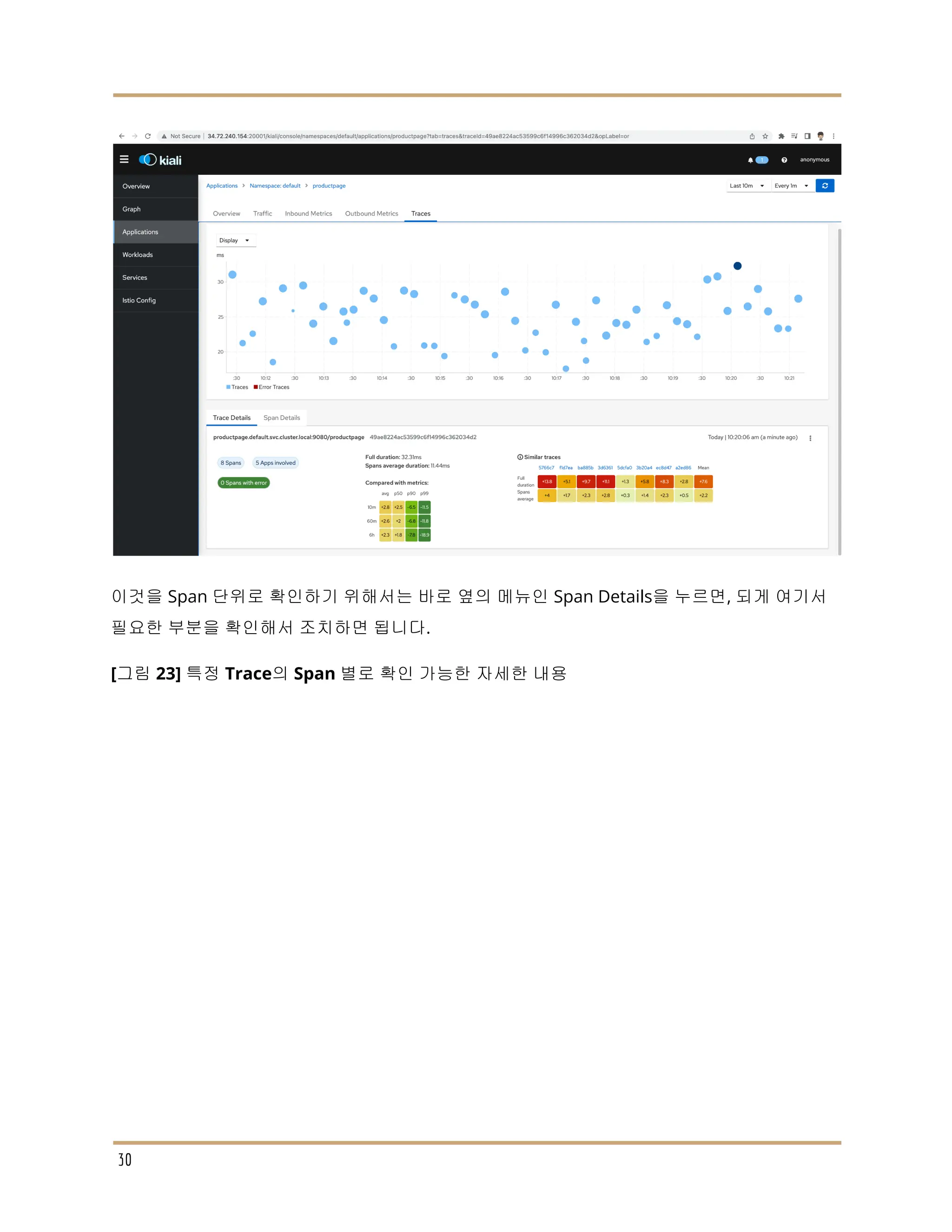 이것을 Span 단위로 확인하기 위해서는 바로 옆의 메뉴인 Span Details을 누르면, 되게 여기서
필요한 부분을 확인해서 조치하면 됩니다.
[그림 23] 특정 Trace의 Span 별로 확인 가능한 자세한 내용
30
 