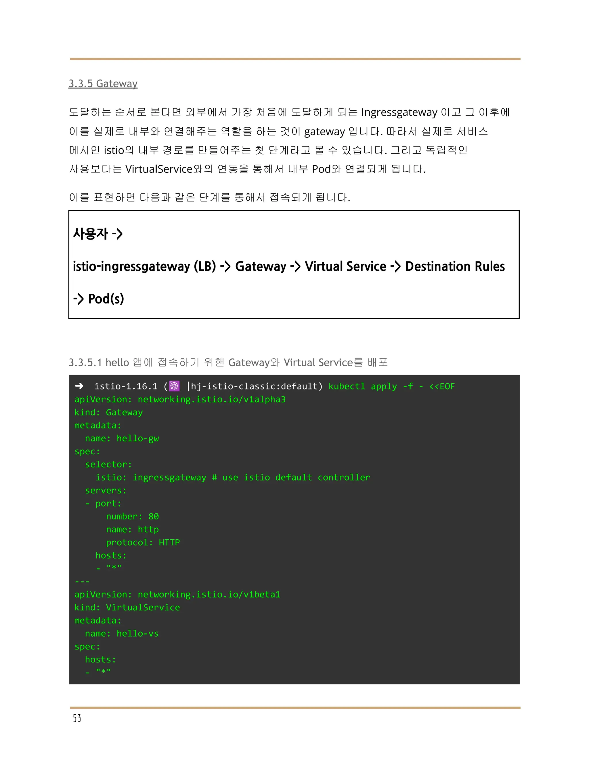 3.3.5 Gateway
도달하는 순서로 본다면 외부에서 가장 처음에 도달하게 되는 Ingressgateway 이고 그 이후에
이를 실제로 내부와 연결해주는 역할을 하는 것이 gateway 입니다. 따라서 실제로 서비스
메시인 istio의 내부 경로를 만들어주는 첫 단계라고 볼 수 있습니다. 그리고 독립적인
사용보다는 VirtualService와의 연동을 통해서 내부 Pod와 연결되게 됩니다.
이를 표현하면 다음과 같은 단계를 통해서 접속되게 됩니다.
사용자 ->
istio-ingressgateway (LB) -> Gateway -> Virtual Service -> Destination Rules
-> Pod(s)
3.3.5.1 hello 앱에 접속하기 위핸 Gateway와 Virtual Service를 배포
➜ istio-1.16.1 (☸️ |hj-istio-classic:default) kubectl apply -f - <<EOF
apiVersion: networking.istio.io/v1alpha3
kind: Gateway
metadata:
name: hello-gw
spec:
selector:
istio: ingressgateway # use istio default controller
servers:
- port:
number: 80
name: http
protocol: HTTP
hosts:
- "*"
---
apiVersion: networking.istio.io/v1beta1
kind: VirtualService
metadata:
name: hello-vs
spec:
hosts:
- "*"
53
 