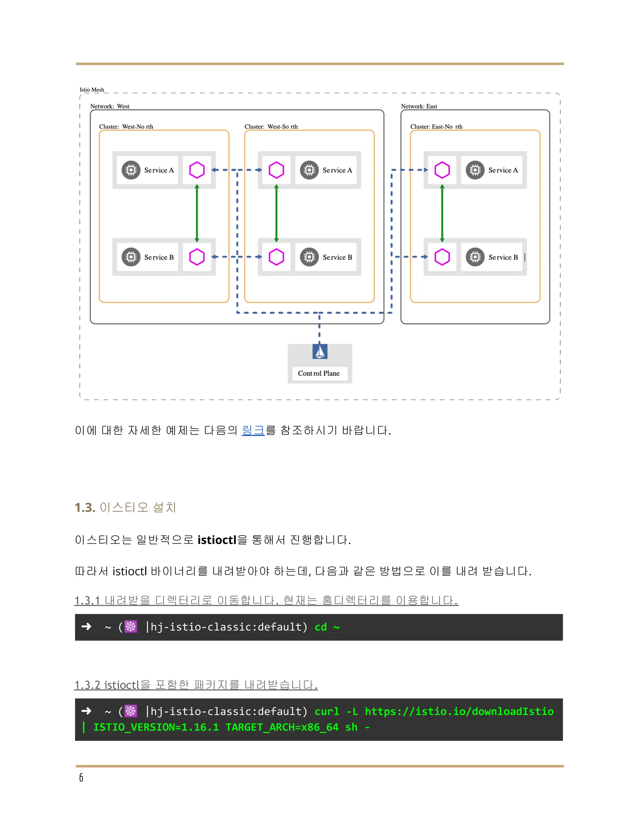 이에 대한 자세한 예제는 다음의 링크를 참조하시기 바랍니다.
1.3. 이스티오 설치
이스티오는 일반적으로 istioctl을 통해서 진행합니다.
따라서 istioctl 바이너리를 내려받아야 하는데, 다음과 같은 방법으로 이를 내려 받습니다.
1.3.1 내려받을 디렉터리로 이동합니다. 현재는 홈디렉터리를 이용합니다.
➜ ~ (☸️ |hj-istio-classic:default) cd ~
1.3.2 istioctl을 포함한 패키지를 내려받습니다.
➜ ~ (☸️ |hj-istio-classic:default) curl -L https://istio.io/downloadIstio
| ISTIO_VERSION=1.16.1 TARGET_ARCH=x86_64 sh -
6
 