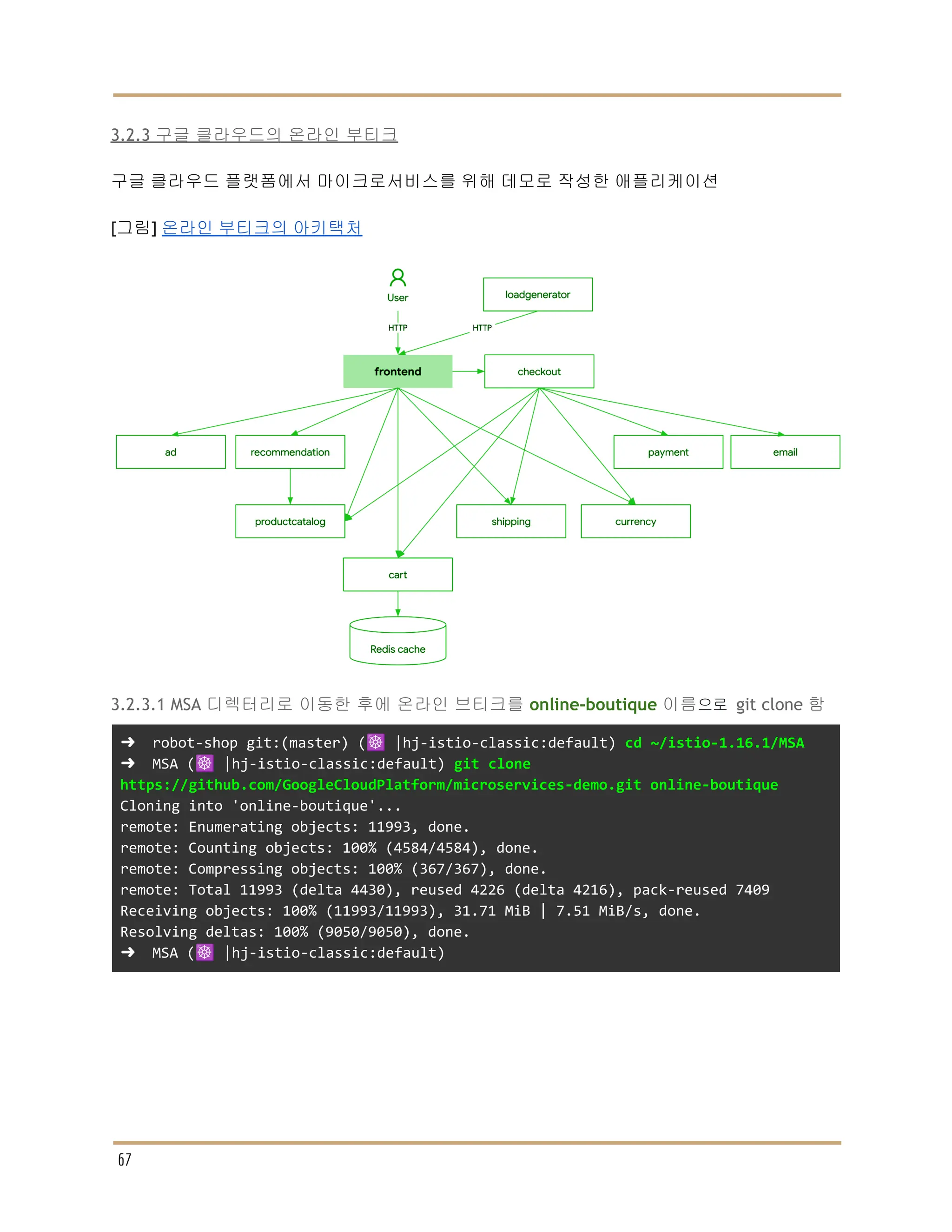 3.2.3 구글 클라우드의 온라인 부티크
구글 클라우드 플랫폼에서 마이크로서비스를 위해 데모로 작성한 애플리케이션
[그림] 온라인 부티크의 아키택처
3.2.3.1 MSA 디렉터리로 이동한 후에 온라인 브티크를 online-boutique 이름으로 git clone 함
➜ robot-shop git:(master) (☸️ |hj-istio-classic:default) cd ~/istio-1.16.1/MSA
➜ MSA (☸️ |hj-istio-classic:default) git clone
https://github.com/GoogleCloudPlatform/microservices-demo.git online-boutique
Cloning into 'online-boutique'...
remote: Enumerating objects: 11993, done.
remote: Counting objects: 100% (4584/4584), done.
remote: Compressing objects: 100% (367/367), done.
remote: Total 11993 (delta 4430), reused 4226 (delta 4216), pack-reused 7409
Receiving objects: 100% (11993/11993), 31.71 MiB | 7.51 MiB/s, done.
Resolving deltas: 100% (9050/9050), done.
➜ MSA (☸️ |hj-istio-classic:default)
67
 
