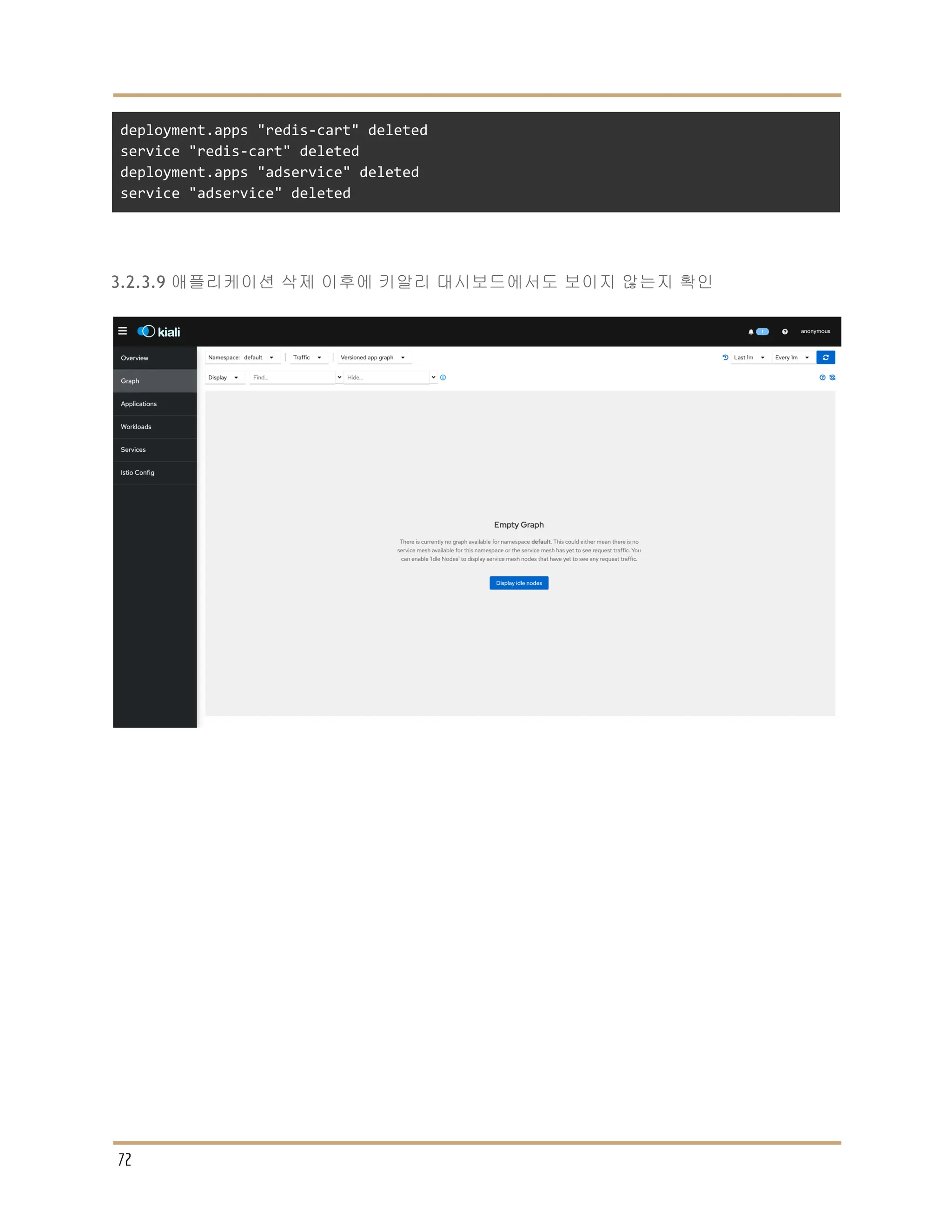 deployment.apps "redis-cart" deleted
service "redis-cart" deleted
deployment.apps "adservice" deleted
service "adservice" deleted
3.2.3.9 애플리케이션 삭제 이후에 키알리 대시보드에서도 보이지 않는지 확인
72
 