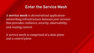 A service mesh is decentralized application-
networking infrastructure between your services
that provides resilience, security, observability,
and routing control.
A service mesh is comprised of a data plane
and a control plane.
Enter the Service Mesh
 