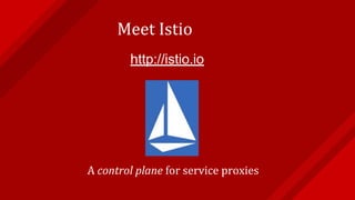 Meet Istio
http://istio.io
A control plane for service proxies
 