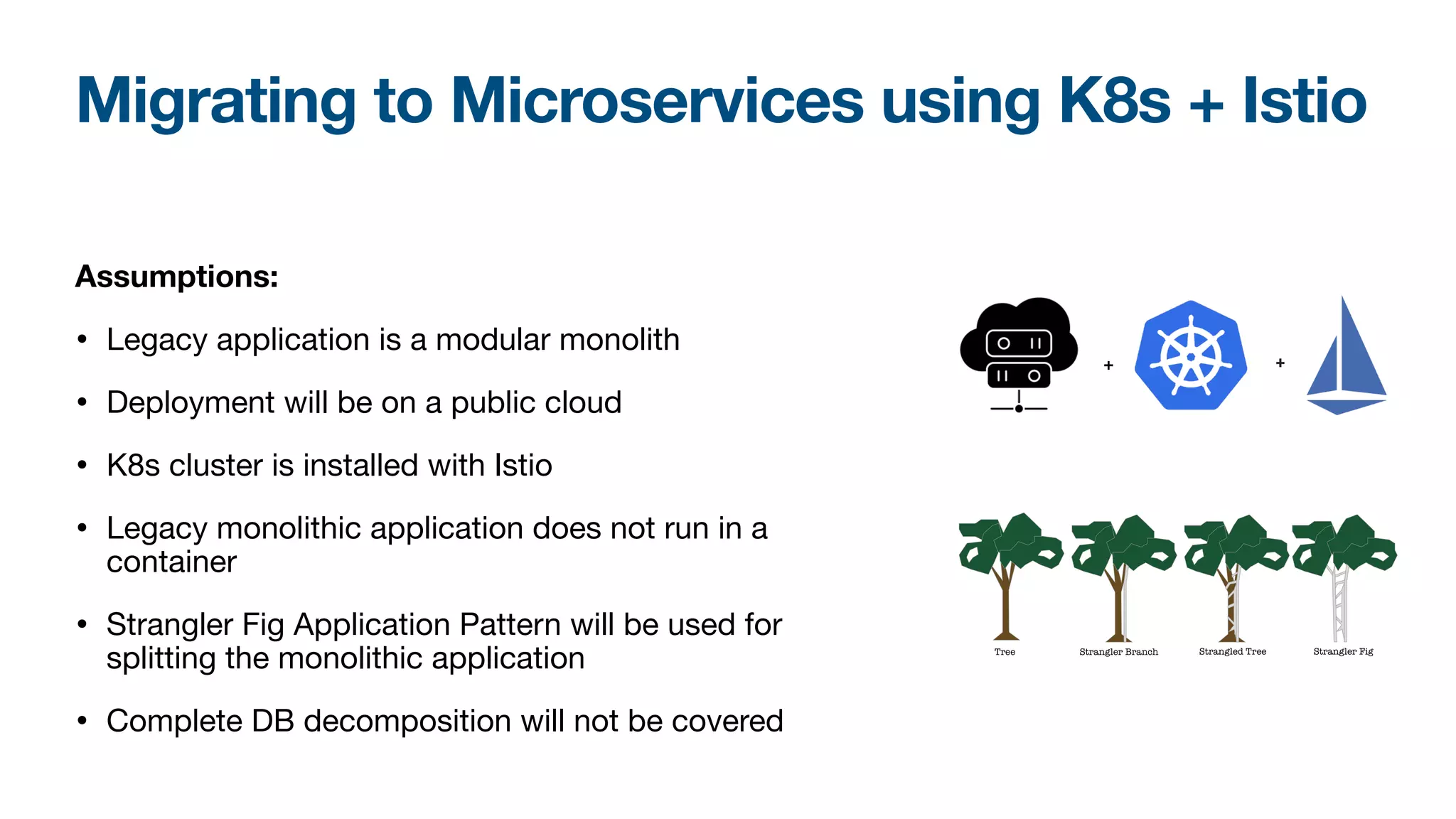 Migrating to Microservices using K8s + Istio
Assumptions:
• Legacy application is a modular monolith

• Deployment will be on a public cloud

• K8s cluster is installed with Istio

• Legacy monolithic application does not run in a
container

• Strangler Fig Application Pattern will be used for
splitting the monolithic application

• Complete DB decomposition will not be covered
+
 