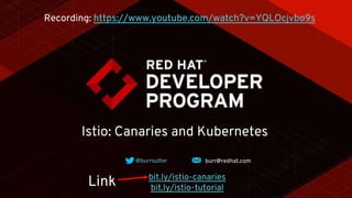 Istio: Canaries and Kubernetes
@burrsutter burr@redhat.com
bit.ly/istio-canaries
bit.ly/istio-tutorial
Recording: https://www.youtube.com/watch?v=YQLOcjvbo9s
 