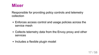 2019/4/4 Istio Service Mesh Introduction
127.0.0.1:5500/#54 17/58
Mixer
Responsible for providing policy controls and telemetry
collection
Enforces access control and usage policies across the
service mesh
Collects telemetry data from the Envoy proxy and other
services
Includes a flexible plugin model
17 / 58
 