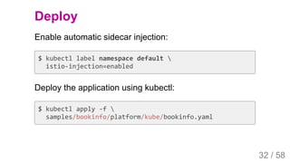 2019/4/4 Istio Service Mesh Introduction
127.0.0.1:5500/#54 32/58
Deploy
Enable automatic sidecar injection:
$ kubectl label namespace default 
istio-injection=enabled
Deploy the application using kubectl:
$ kubectl apply -f 
samples/bookinfo/platform/kube/bookinfo.yaml
32 / 58
 