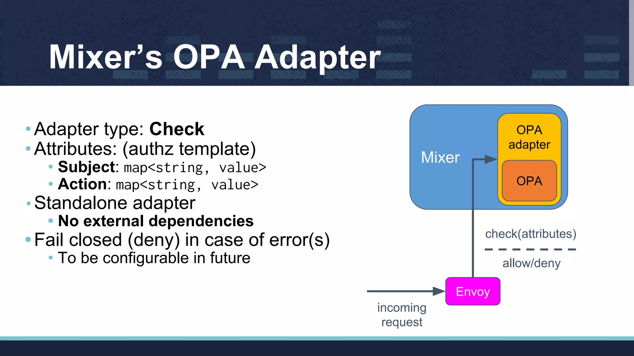 •Adapter type: Check
•Attributes: (authz template)
• Subject: map<string, value>
• Action: map<string, value>
• Standalone adapter
• No external dependencies
•Fail closed (deny) in case of error(s)
• To be configurable in future
Envoy
Mixer
check(attributes)
OPA
adapter
OPA
incoming
request
allow/deny
Mixer’s OPA Adapter
 