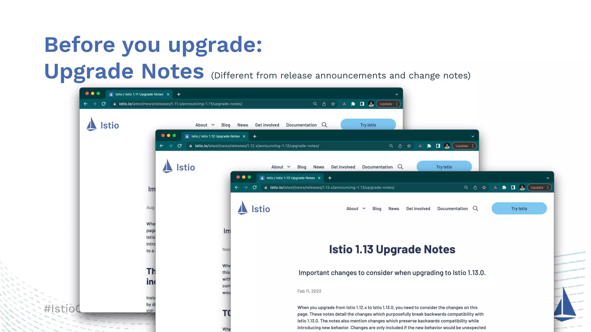 #IstioCon
Before you upgrade:
Upgrade Notes (Different from release announcements and change notes)
 