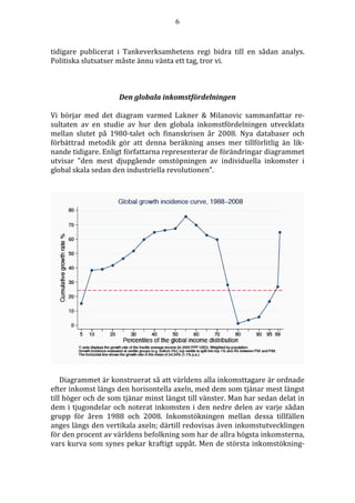 6 
tidigare publicerat i Tankeverksamhetens regi bidra till en sådan analys. 
Politiska slutsatser måste ännu vänta ett tag, tror vi. 
Den globala inkomstfördelningen 
Vi börjar med det diagram varmed Lakner & Milanovic sammanfattar re-sultaten 
av en studie av hur den globala inkomstfördelningen utvecklats 
mellan slutet på 1980-talet och finanskrisen år 2008. Nya databaser och 
förbättrad metodik gör att denna beräkning anses mer tillförlitlig än lik-nande 
tidigare. Enligt författarna representerar de förändringar diagrammet 
utvisar ”den mest djupgående omstöpningen av individuella inkomster i 
global skala sedan den industriella revolutionen”. 
Diagrammet är konstruerat så att världens alla inkomsttagare är ordnade 
efter inkomst längs den horisontella axeln, med dem som tjänar mest längst 
till höger och de som tjänar minst längst till vänster. Man har sedan delat in 
dem i tjugondelar och noterat inkomsten i den nedre delen av varje sådan 
grupp för åren 1988 och 2008. Inkomstökningen mellan dessa tillfällen 
anges längs den vertikala axeln; därtill redovisas även inkomstutvecklingen 
för den procent av världens befolkning som har de allra högsta inkomsterna, 
vars kurva som synes pekar kraftigt uppåt. Men de största inkomstökning- 
 