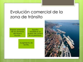 Evolución comercial de la
zona de tránsito
Rápida extensión
de los dominios
del Nuevo
Mundo.
España
establece un
puerto de control
en la península.
Surgimiento de
Sevilla.
 