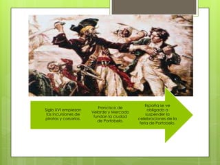 España se ve
obligada a
suspender la
celebraciones de la
feria de Portobelo.
Francisco de
Velarde y Mercado
fundan la ciudad
de Portobelo.
Siglo XVI empiezan
las incursiones de
piratas y corsarios.
 