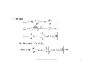 • For M2:
   





D
M
uuD
dt
xxd
Df
dt
du
M
dt
xd
Mf
121
12
1
2
22
2
2
2
1
2
 





 
t
K xdtu
K
x
K
f
0
222 0
11
  00
1
,''
0
2221
2
211 





 
t
xdtu
K
uD
dt
du
MuD
RulesAlembertDBy
17Vijaya Laxmi, Dept. of EEE, BIT, Mesra
 