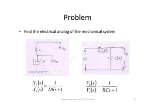 Problem
• Find the electrical analog of the mechanical system.
 
  1
10


DKssX
sX
i
 
  1
10


RCssV
sV
i
23Vijaya Laxmi, Dept. of EEE, BIT, Mesra
 
