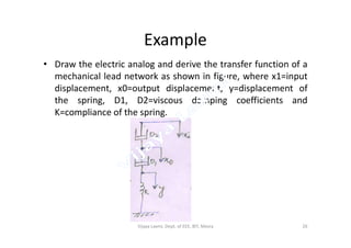 Example
• Draw the electric analog and derive the transfer function of a
mechanical lead network as shown in figure, where x1=input
displacement, x0=output displacement, y=displacement of
the spring, D1, D2=viscous damping coefficients and
K=compliance of the spring.
26Vijaya Laxmi, Dept. of EEE, BIT, Mesra
 