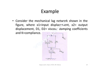 Example
• Consider the mechanical lag network shown in the
figure, where x1=input displacement, x2= output
displacement, D1, D2= viscous damping coefficients
and K=compliance.
29Vijaya Laxmi, Dept. of EEE, BIT, Mesra
 