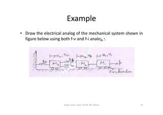 Example
• Draw the electrical analog of the mechanical system shown in
figure below using both f-v and f-i analogy.
34Vijaya Laxmi, Dept. of EEE, BIT, Mesra
 