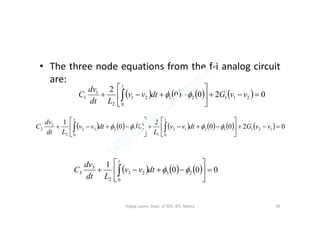 • The three node equations from the f-i analog circuit
are:
        0200
2
2112
0
121
2
1
1 





  vvGdtvv
Ldt
dv
C
t

              0200
2
00
1
1211
0
212
1
3
0
232
2
2
2 











  vvGdtvv
L
dtvv
Ldt
dv
C
tt

      000
1
2
0
323
2
3
3 





  
t
dtvv
Ldt
dv
C
45Vijaya Laxmi, Dept. of EEE, BIT, Mesra
 