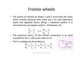 Friction wheels
• The points of contact on wheel 1 and 2 must have the same
linear velocity because they move together and experience
equal and opposite forces. Being a rotational system, it is
convenient to use angular velocity and torques. So,
rrT 
• The electrical analog of the friction wheel-pair is an ideal
transformer having the turns ratio n1:n2.
• The f-v analogy can be written as
2
1
2
1
2
1
2
1
r
r
and
r
r
T
T



2
1
2
1
2
1
2
1
2
1
2
1
;;
T
T
v
v
n
n
r
r
i
i



47Vijaya Laxmi, Dept. of EEE, BIT, Mesra
 