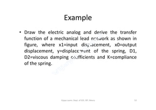 Example
• Draw the electric analog and derive the transfer
function of a mechanical lead network as shown in
figure, where x1=input displacement, x0=output
displacement, y=displacement of the spring, D1,
D2=viscous damping coefficients and K=complianceD2=viscous damping coefficients and K=compliance
of the spring.
53Vijaya Laxmi, Dept. of EEE, BIT, Mesra
 