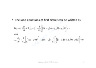 • The loop equations of first circuit can be written as,
         00
1
0
2121
1
211
1
21 





 
t
and
vqqdtii
C
iiR
dt
di
LL
          000
1
0
1
0
1212
1
121
0
22
0
2
3 











 
tt
qqdtii
C
iiRqdti
Cdt
di
L
and
63Vijaya Laxmi, Dept. of EEE, BIT, Mesra
 