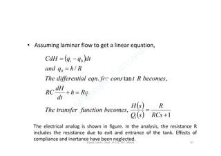 • Assuming laminar flow to get a linear equation,
 
,tan.
/0
0


becomesRtconsforeqnaldifferentiThe
Rhqand
dtqqCdH i
 
  1
,
,tan.



RCs
R
sQ
sH
becomesfunctiontransferThe
Rqh
dt
dH
RC
becomesRtconsforeqnaldifferentiThe
i
i
The electrical analog is shown in figure. In the analysis, the resistance R
includes the resistance due to exit and entrance of the tank. Effects of
compliance and inertance have been neglected.
67Vijaya Laxmi, Dept. of EEE, BIT, Mesra
 