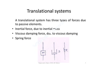 Translational systems
A translational system has three types of forces due
to passive elements.
• Inertial force, due to inertial mass
• Viscous damping force, due to viscous damping• Viscous damping force, due to viscous damping
• Spring force
7Vijaya Laxmi, Dept. of EEE, BIT, Mesra
 
